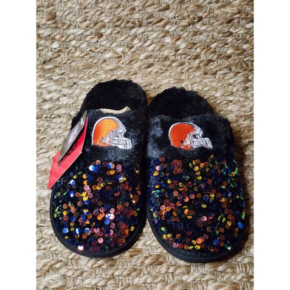 FOCO NFL Cleveland Browns Sequins Women's Slippers - Size S (5-6) - Black New! - Picture 2 of 6